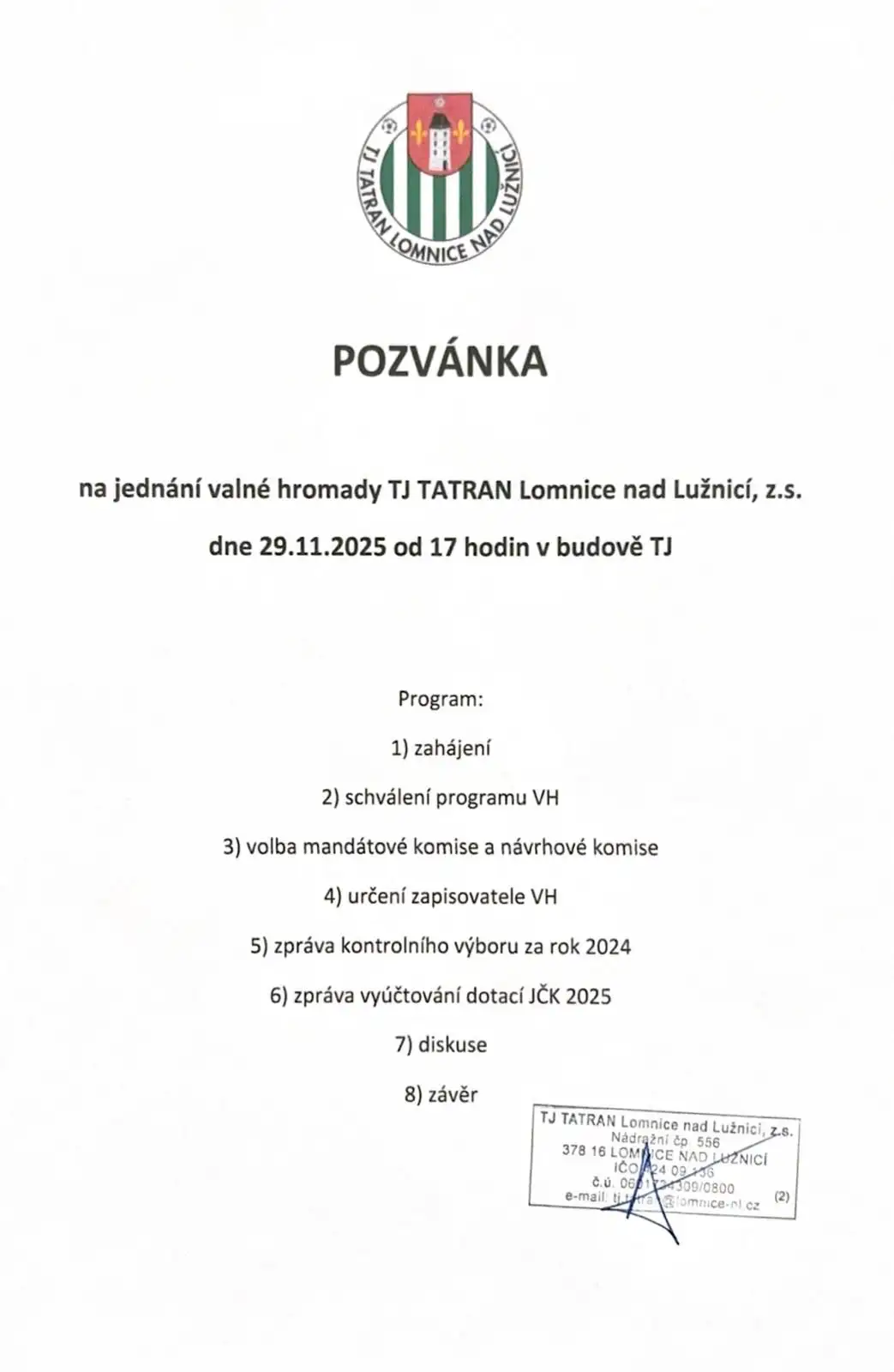 Pozvánka na valnou hromadu